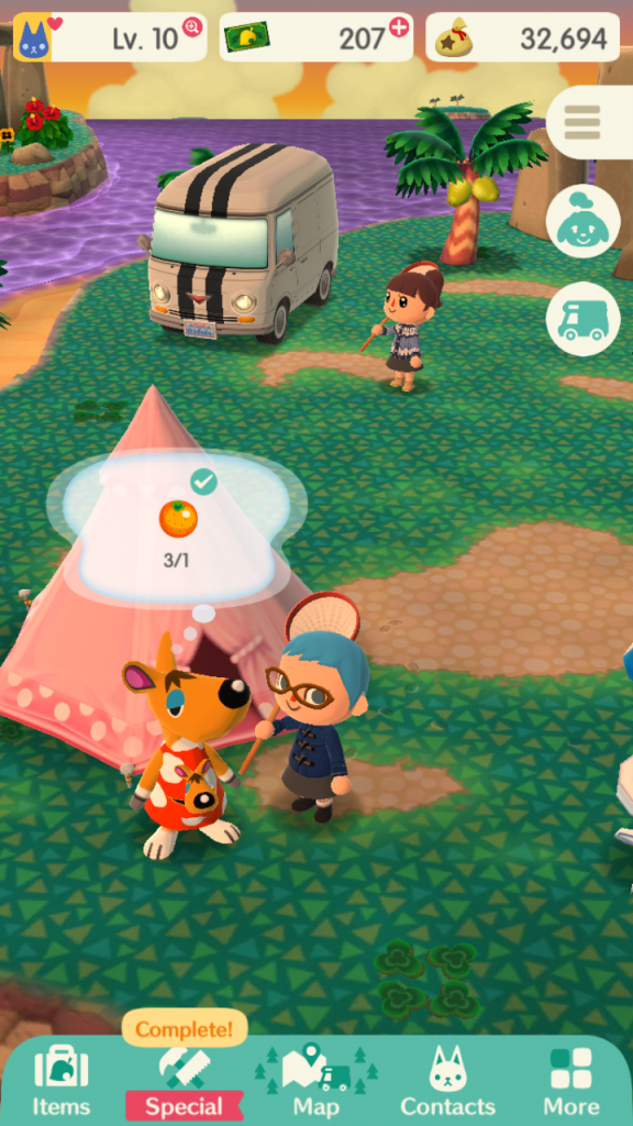 Screenshot from Animal Crossing Pocket Camp. Green terrain with a pink tent and camper in the background. A kangaroo and a female with blue hair and a blue coat is speaking to the kangaroo. 
