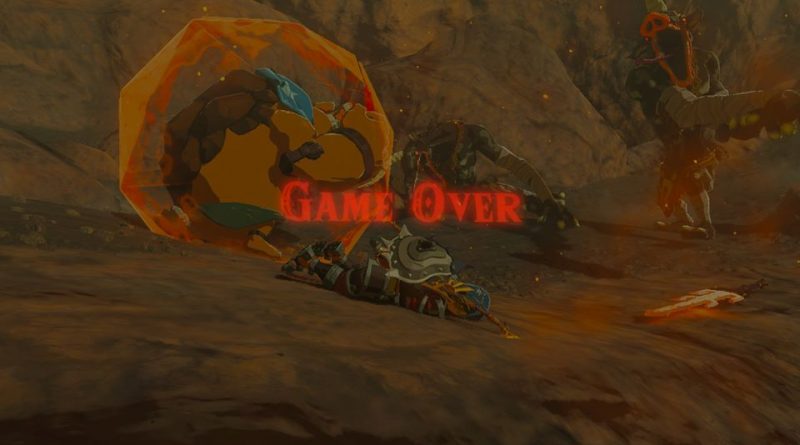 Screenshot from Zelda: Breath of The Wild. Screen is blurred with the words 'Game Over' in red. Link is laying on the ground.
