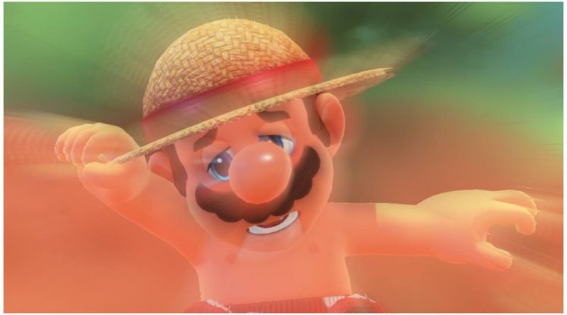 Picture taken from Super Mario Odyssey. Mario in the center; he has a brown mustache, a straw hat, and red polka dot boxers on. He looks disoriented.