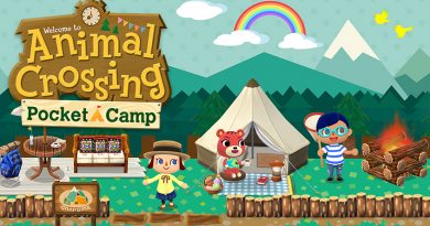 Press Photo of Animal Crossing Pocket Camp. Several colorful characters standing on a green lawn, with a tent, and picnic set up in the background. A rainbow hangs above them in the sky.