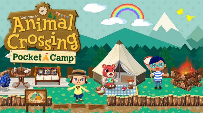 Press Photo of Animal Crossing Pocket Camp. Several colorful characters standing on a green lawn, with a tent, and picnic set up in the background. A rainbow hangs above them in the sky.