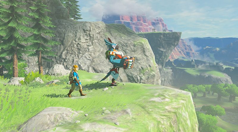 Screenshot from Zelda: Breath Of The Wild. Link is walking beside a blue parrot named Kass. They are walking towards the edge of a grassy cliff.