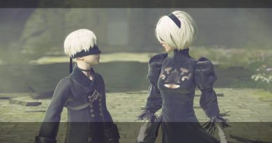 Screenshot from Nier Automata. Two characters, 9S and 2B stand face to face. They are wearing black outfits, and have white hair.